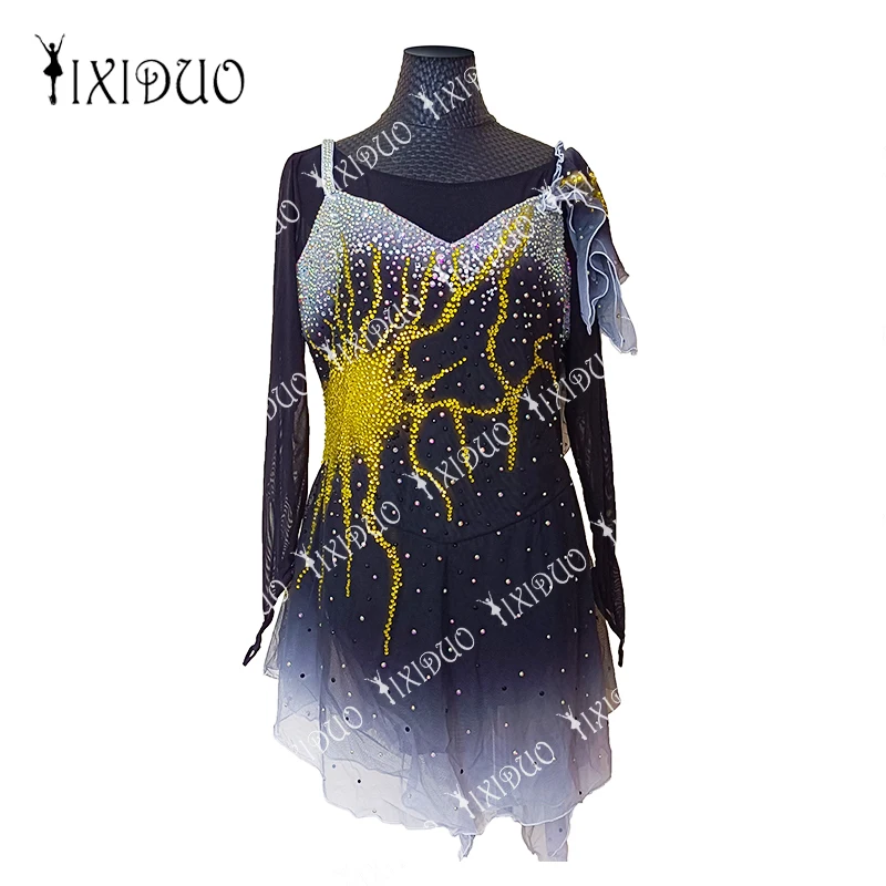 

Dark Blue Sun Figure Skating Dress With Rhinestones Women Long Sleeve Spandex Girls Competition Ice Figure Skating Dance Wear