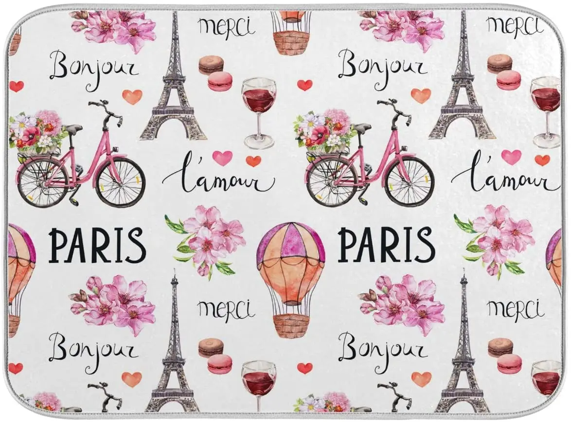 

Watercolor Eiffel Tower Dish Drying Mat for Kitchen Counter Absorbent Polyester Material Heat Resistant Drying Mat 18x24 Inch