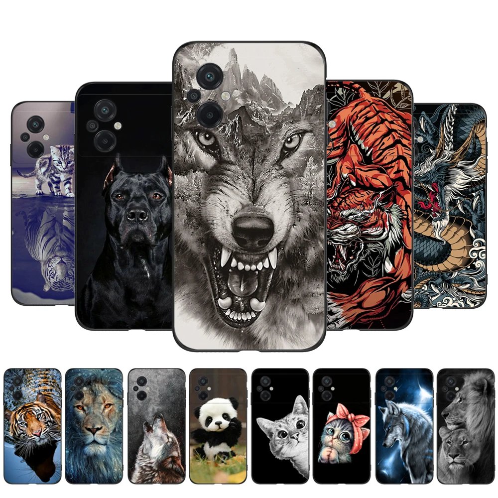 Per Xiaomi Poco M5 4G Custodia Cover Posteriore Per Telefono Custodia Protettiva In Silicone Morbido Tpu Nero Lion Wolf Tiger Dragon