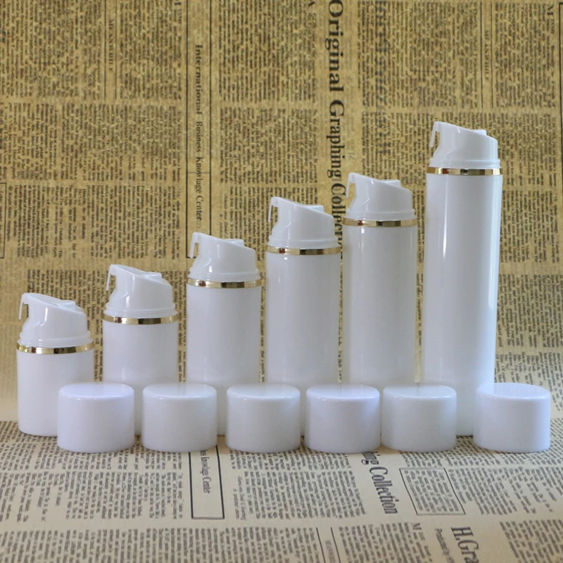 

3 pcs/lot Golden edge White cap Airless Pump Bottle Plastic Airless Vacuum cosmetic Lotion Containers 30ml 50ml 80ml 100ml