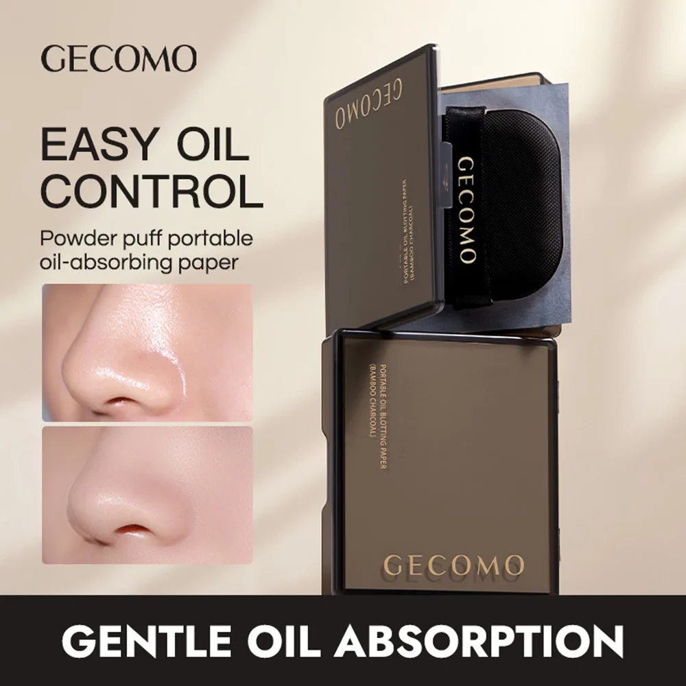 GECOMO Bamboo Charcoal Oil-absorbing Paper with Powder Puff Mirror Portable For Long-lasting Makeup 100 Sheets in a Box face oil absorbing paper