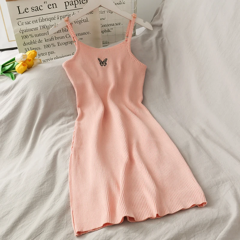 

Women Sexy Strap Mini Dress Butterfly Embroidery Dress Bodycon New Knitted Vestidos Elegant 2023 Summer Party Nightclub Wear