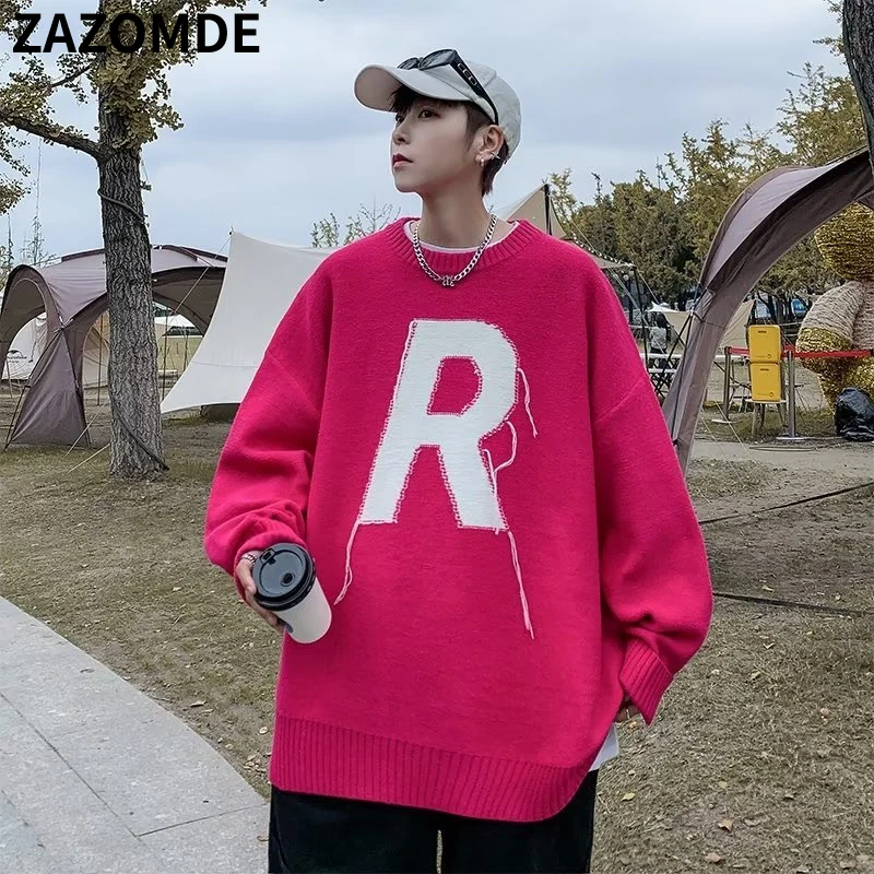 

2022 Japanese Letter Knitted Sweaters Men Pullovers O Couples Oversize Long Sleeve Sueter Hombre Pull Homme Harajuku Sweater