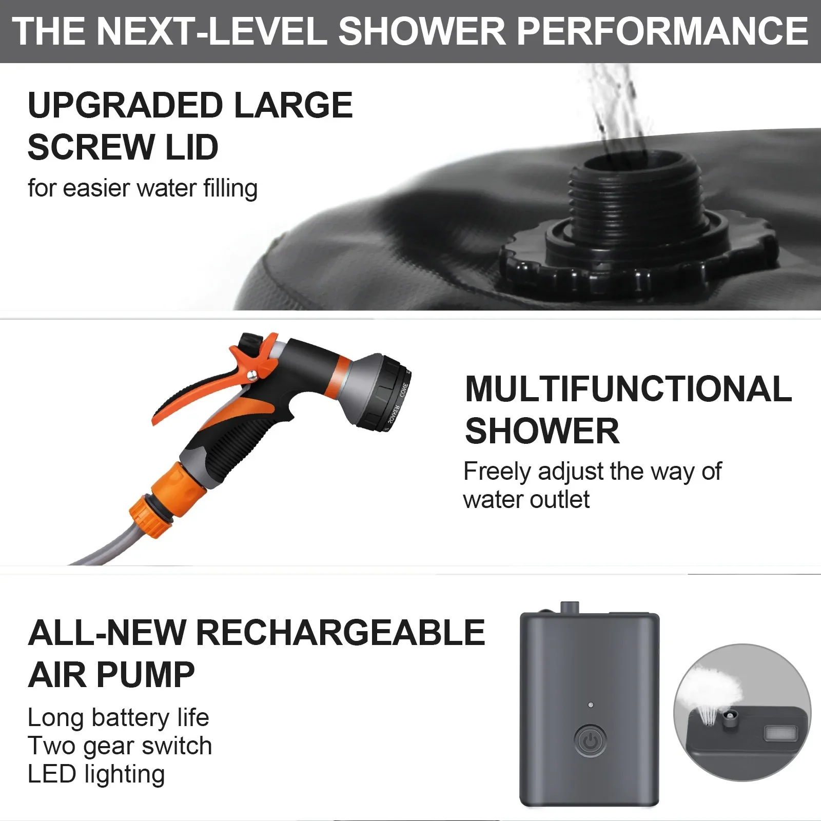 Portable Shower Solar Shower with Hot Water 20L Camping Shower Bag with Electric Air Pump Camp for Beach Camping Trip