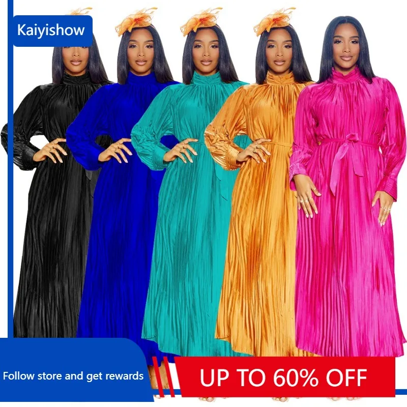

Elegant African Dresses for Women Dashiki African Long Sleeve Polyester Solid Color Pleated Long Maxi Dress African Clothing
