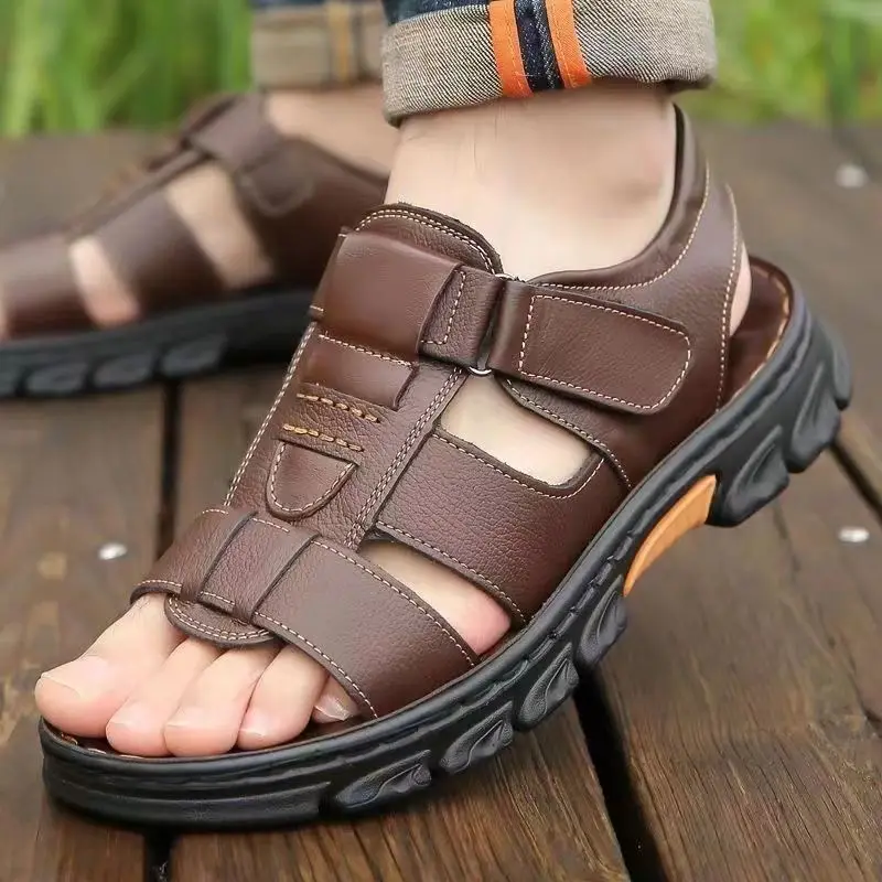2024 Summer Men's New Non-slip Thick-soled Leather Sandals Beach Shoes Cowhide Slippers Outdoor