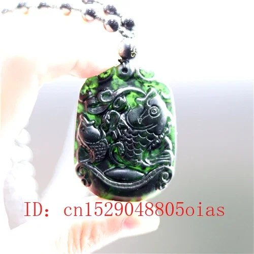 

Natural Black Green Chinese Jade Fish Pendant Obsidian Pisces Necklace Charm Jewelry Accessories Carved Amulet Gifts for Men