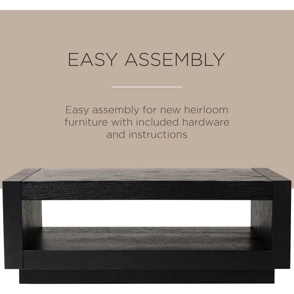 Large 2 Tier Contemporary Rectangle Wooden Center Coffee Table with Shelf Storage for Living Room in Refined Black Finish 5