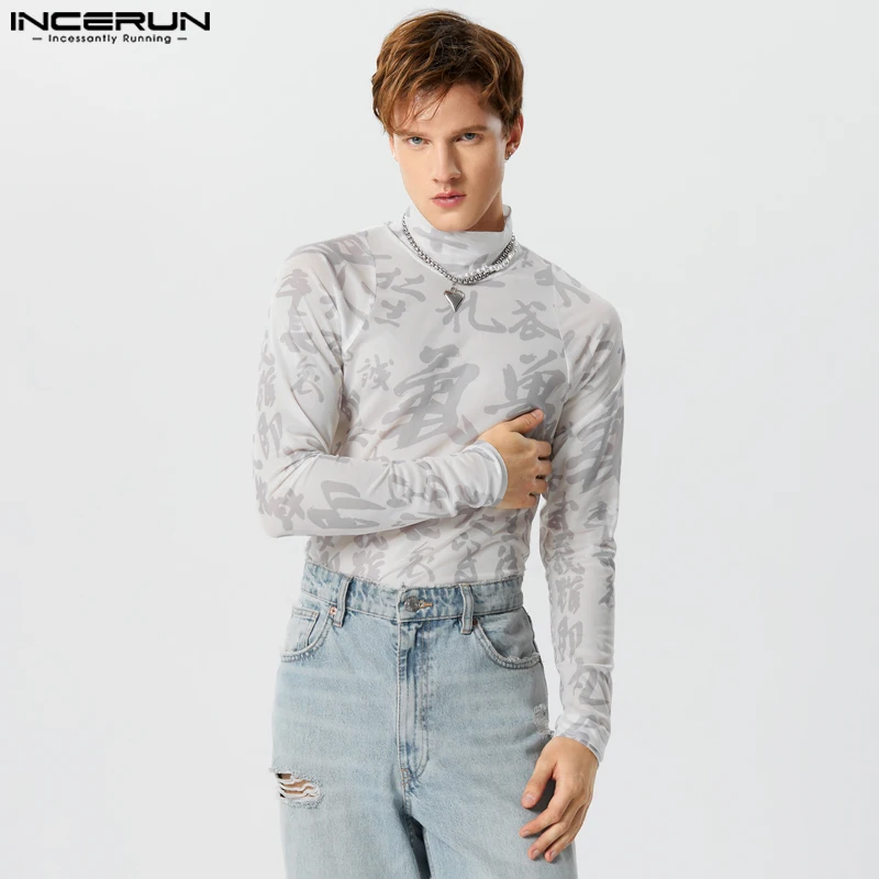 

INCERUN 2023 Fashion New Men's Bodysuits Chinese Character Printed Thin Mesh Half High Neck Triangle Long Sleeve Jumpsuits S-5XL