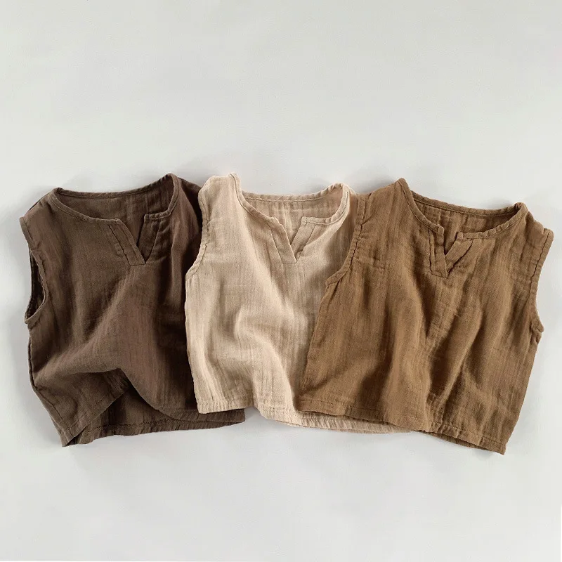 1-7Y Summer Baby Boys Girls Sleeveless T Shirts Korean&Japan Fashion Toddler Kids Cotton Linen Tank Tops Casual Children Clothes 3