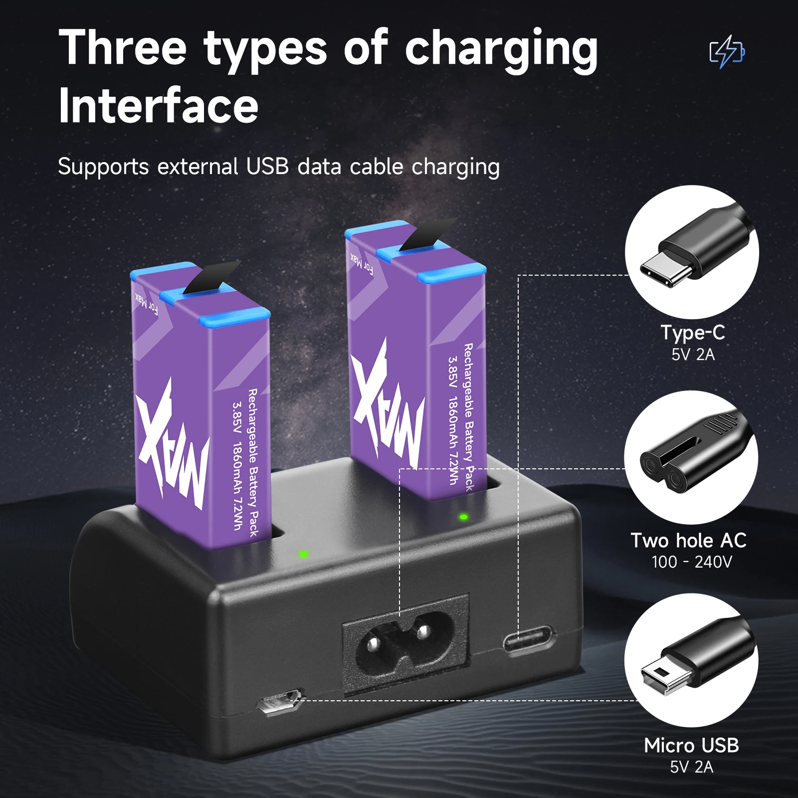 Caméra Action 360° avec Chargeur et Batteries - Lot Noir/Vert