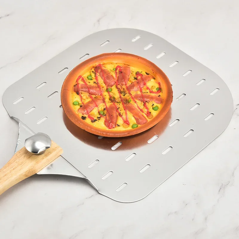 Baking Tool Perforated Pizza with Detachable Rubber Wood Handle Lightweight Aluminum Detachable Pizza Shovel Transfer Tools