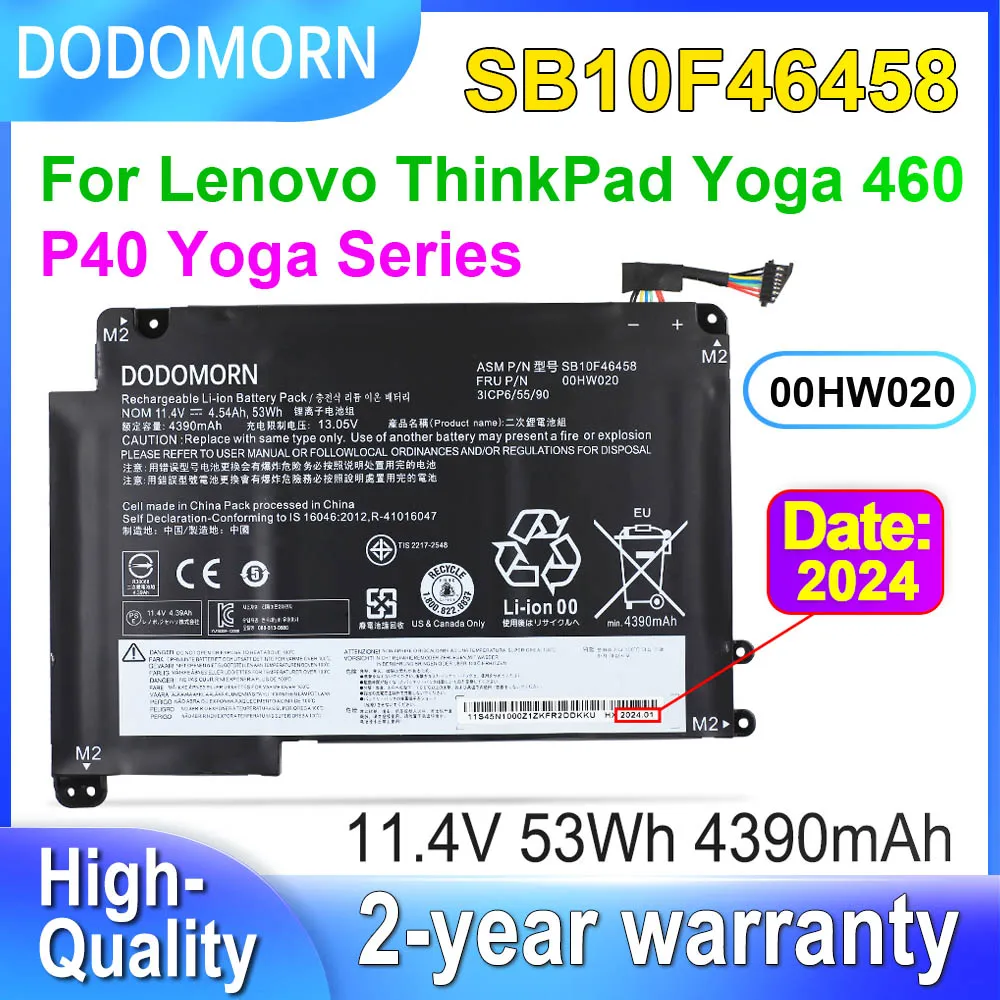 

DODOMORN 00HW020 Battery For Lenovo ThinkPad Yoga 460/P40 Yoga 20GQ Laptop 00HW021 SB10F46458 SB10F46459 11.4V 53Wh 4390mAh