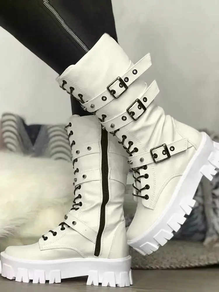 

New Fashion Shoes Contrast Paneled Round Toe Warm Winter Boots Eyelet Buckled Zipper Design Platform Boots