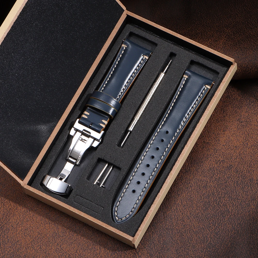 Luxurious Genuine Leather Wrist Bracelet with Butterfly Clasp - Elegant Watch Band Accessory with Gift Box
