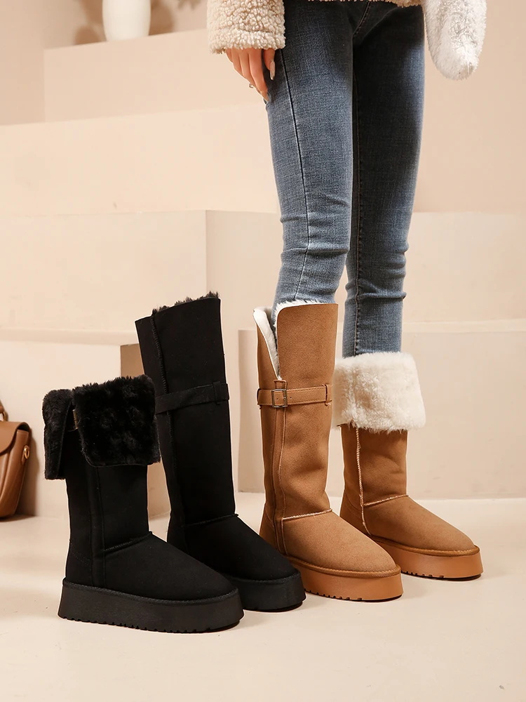 

Сапоги женские зимние на платформе, шикарные дизайнерские, плюшевая обувь на плоской подошве, круглый носок, сапоги-женская модная обувь