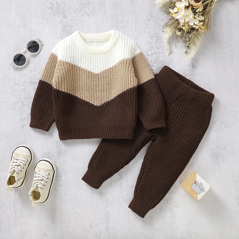 

Autumn Baby Clothes Sets Knitted Children Pullover +Trousers Warm 2PC Infant Gril Boy Sweater Long Sleeve +Pants Fashion Striped