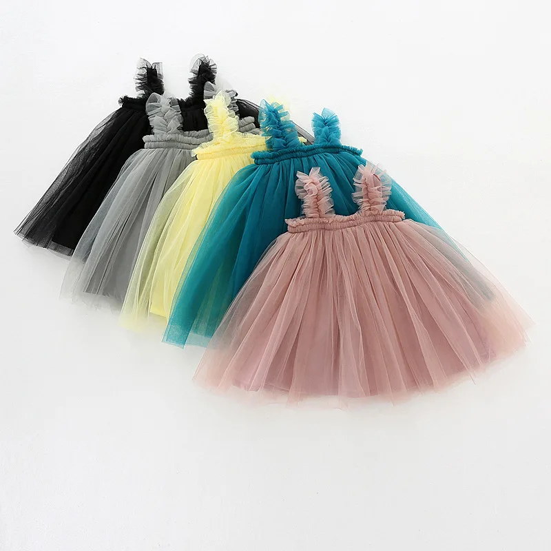 

2023 Baby Girl Tutu Summer Suspender Dress Mesh Lace Vestido Puffy Baby Princess Dress 0-4Y Kids Clothes 6 Colors