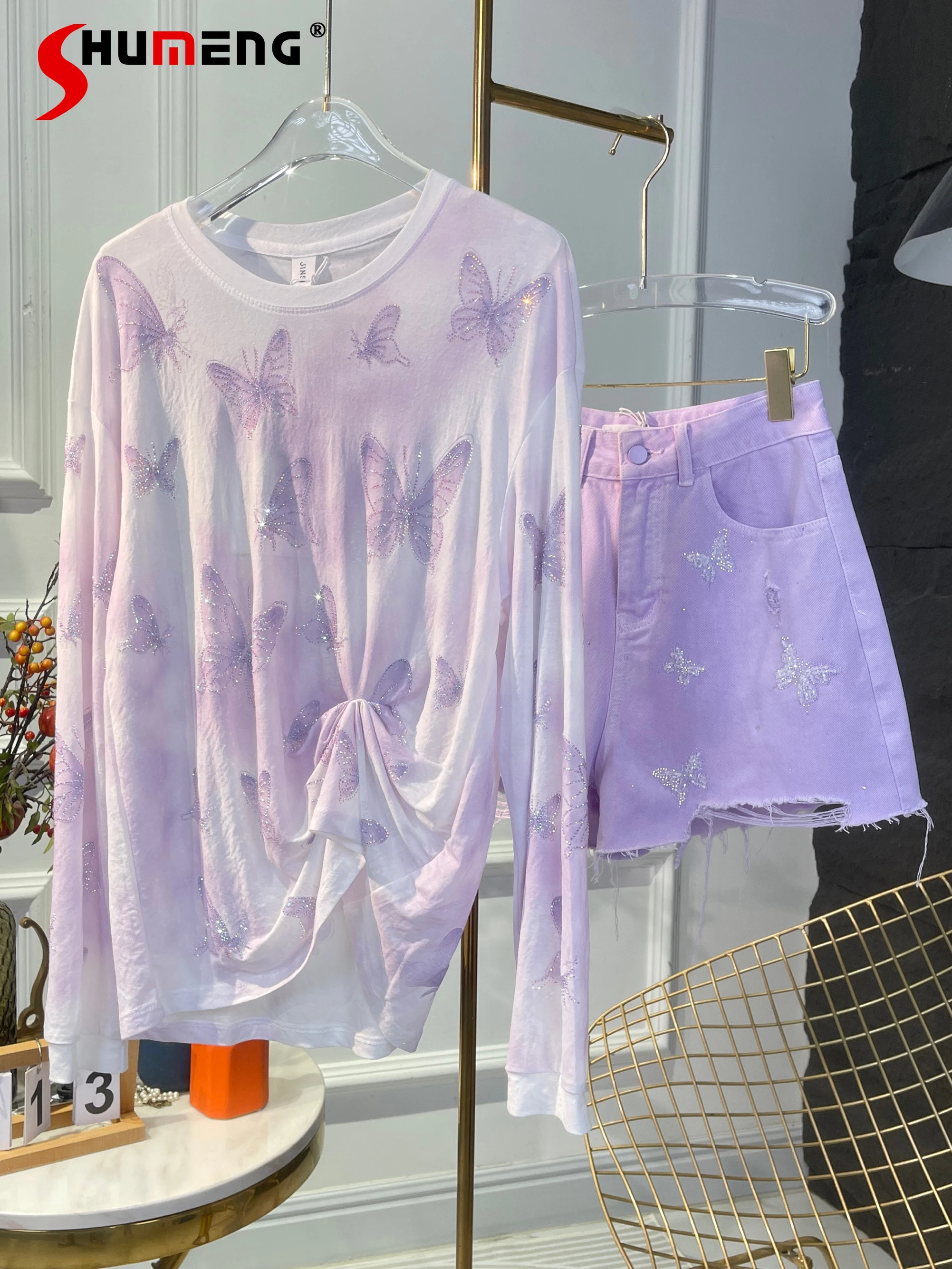 Fashion 2024 Summer New Rhinestone Butterfly Solid Color Long-Sleeve T-shirt Shorts Feminine Elegant Loose Thin Top Women's Sets