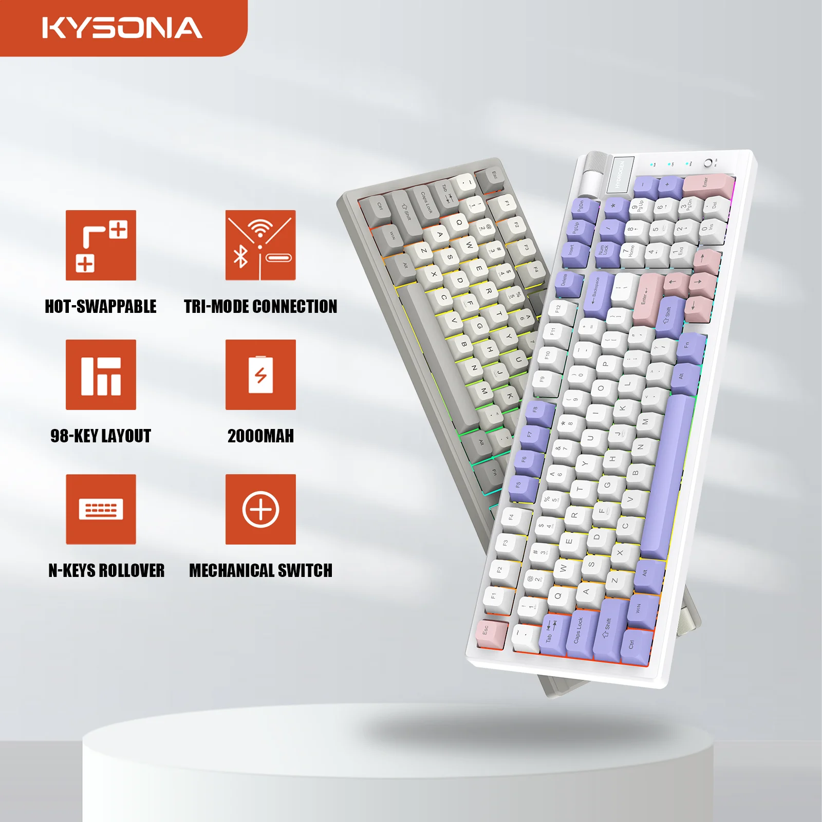 Kysona-Hydrogen Wireless Mechanical Keyboard, Rechargeable, Tri-mode, Multimedia, Kno Hot Swapping for PC, Laptop Gamers