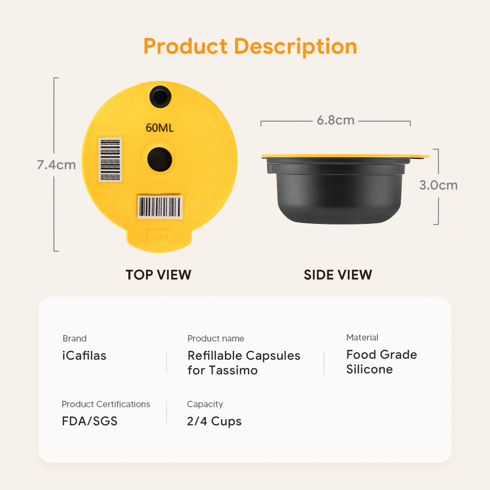 iCafilas 220/200ml for Bosch Tassimo Reusable Coffee Capsule Pods Coffee Capsule Pod Silicone Lid Eco-Friendly