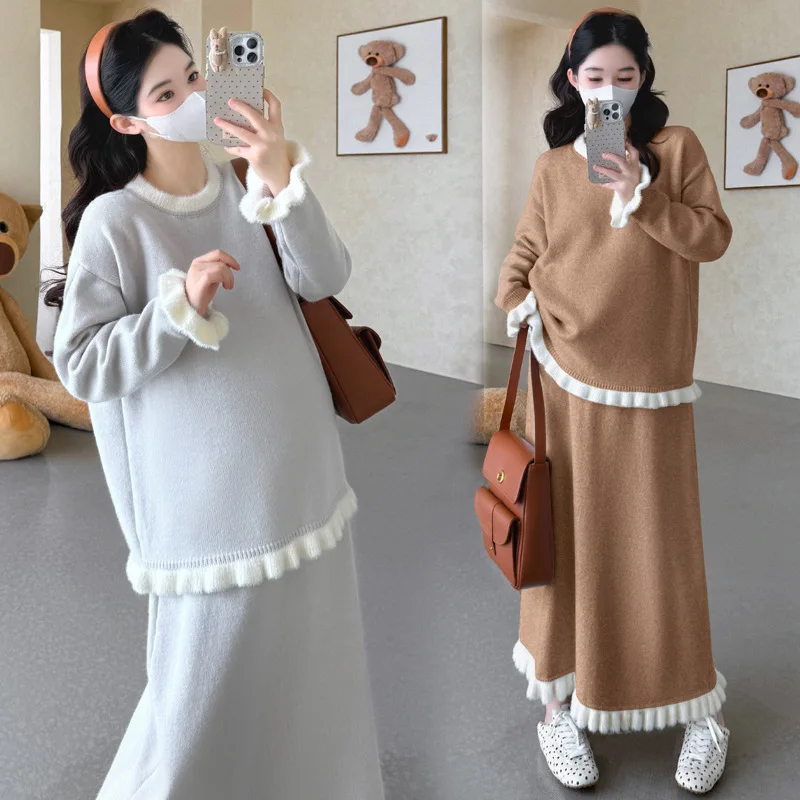 출산복 가을 겨울 부드럽고 귀여운 분위기의 루즈핏 부드럽고 편안한 러플 스웨터와 스커트 임산부 투피스 세트