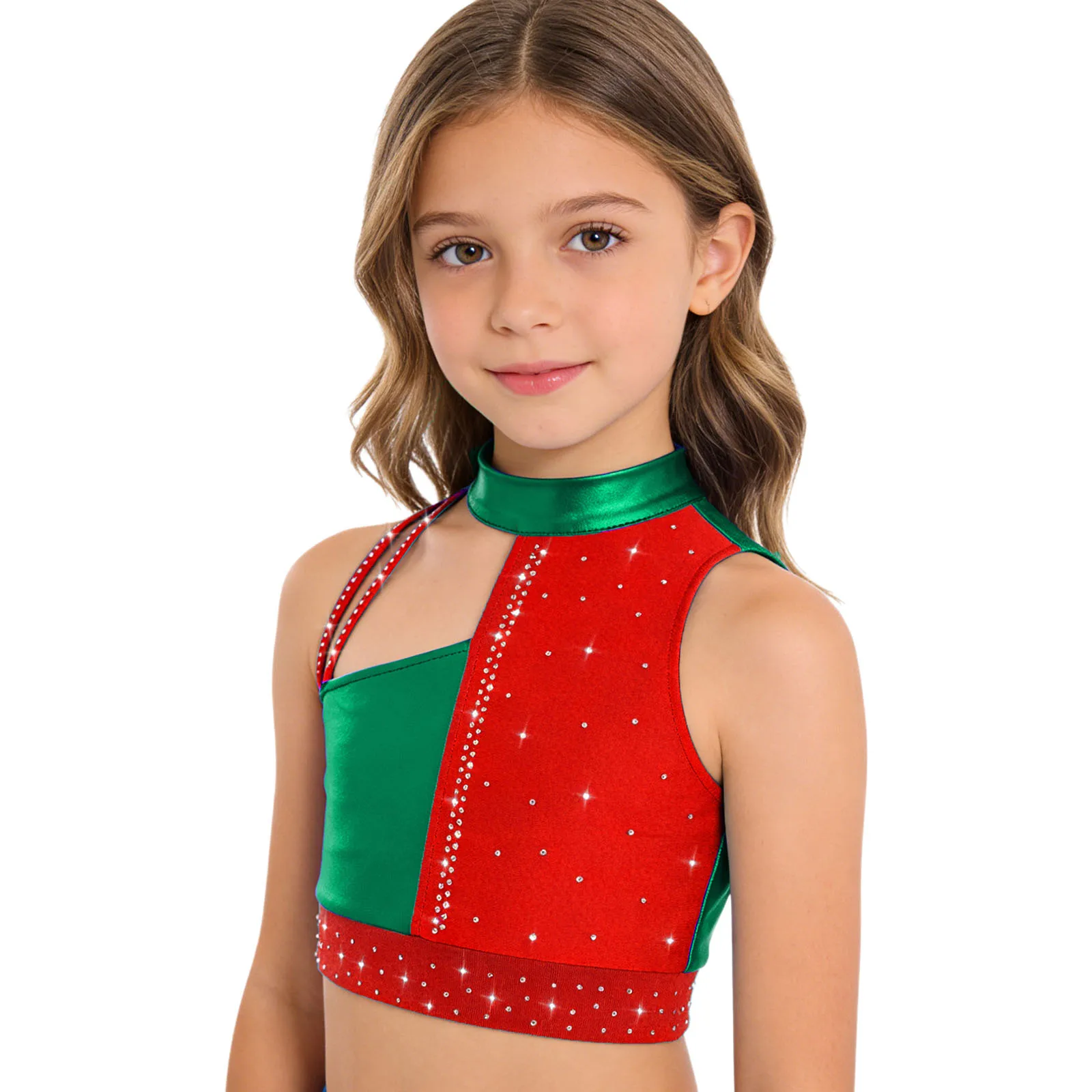 Kinder Mädchen Gymnastik Tanz Tops Praxis Performance Kostüm Stehkragen Ärmellos Ausschnitt Glänzende Strasssteine Metallic Crop Top – Detail 11
