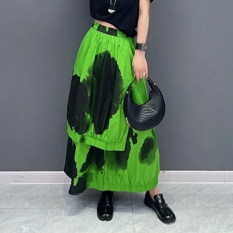 

2024 Summer Skirt Fake Two Piece Skirts Green Asymmetric Casual Women Personalized Irregular Trendy Girl LX668S