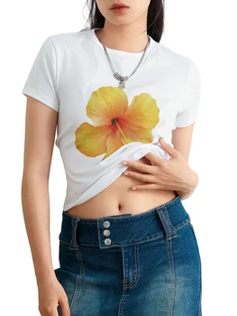 Women T-shirt Crew Neck Short Sleeve Flower Print Fit Summer Tops for Casual Daily 5