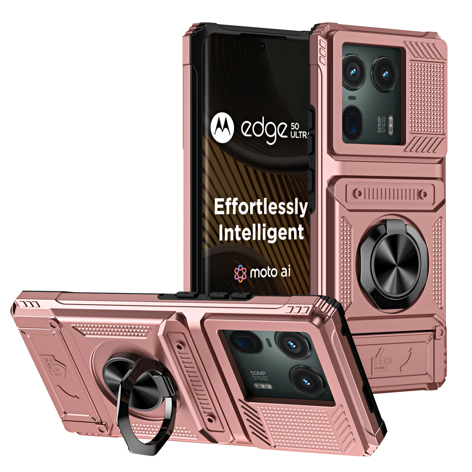Shockproof Heavy Armor Phone Case with Metal Ring Holder and Hidden Card Slot