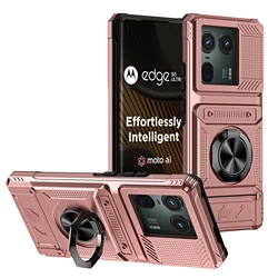 Shockproof Heavy Armor Phone Case with Metal Ring Holder and Hidden Card Slot for Moto Edge 50 Ultra (Rose Gold)