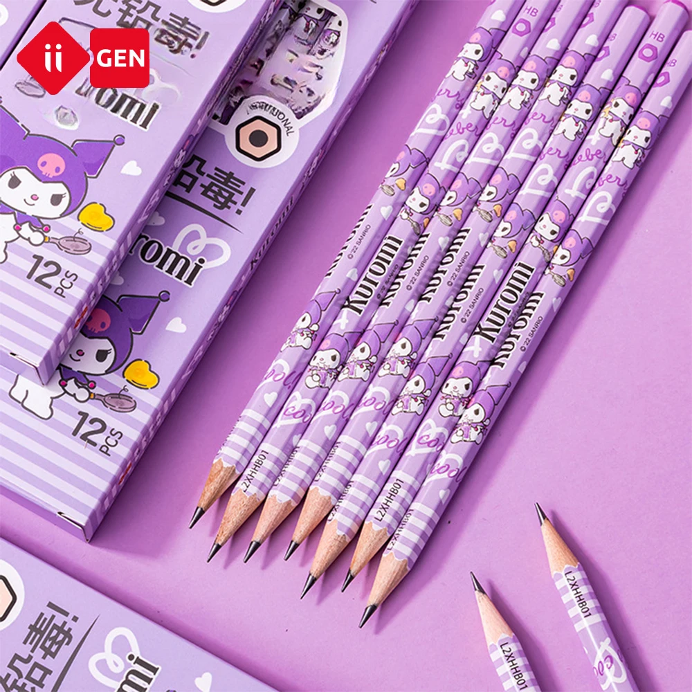 Sanrio 12pcs/set Wooden Pencil Kuromi Hexagonal Writing Penci Student Pencil Creative Writing Pencil School Student Stationery 1set wooden plug drill claw barrel type wooden plug bit combination tool hexagonal handle woodworking counterbore bit set