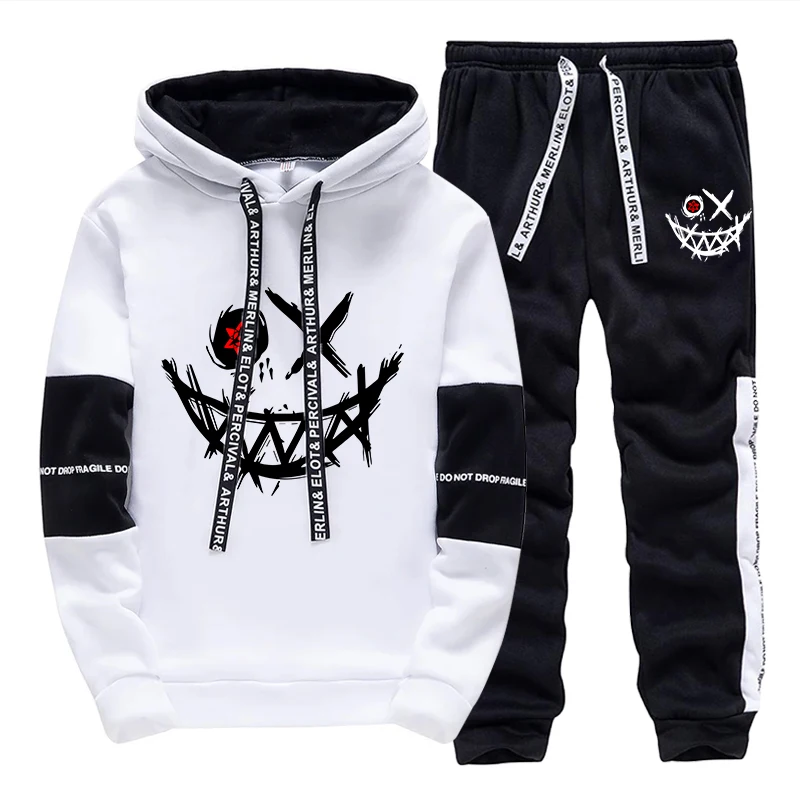 Men’s Printed Tracksuit – Hoodie and Sweatpants Streetwear Set for Outdoor & Casual Wear white 02