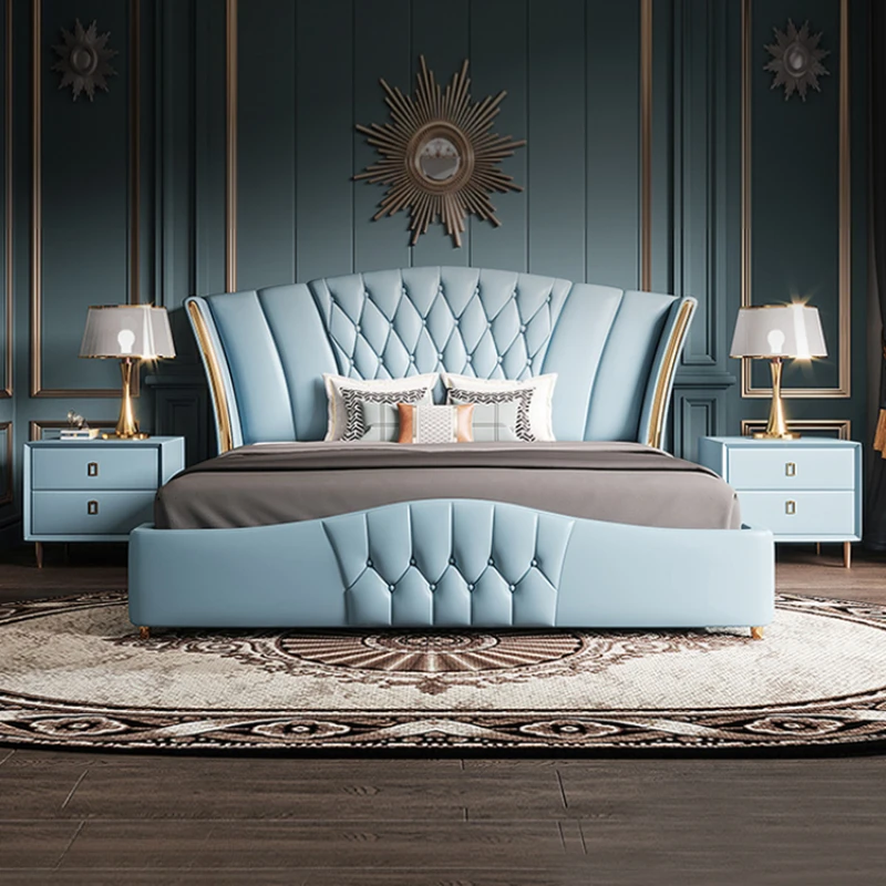 

American Wood Double Bed Elegant Princess Light Luxury Bed Modern Leather Cama Box Casal Bedroom Set Furniture