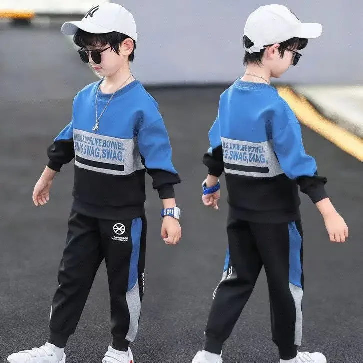 

2024 autumn spring Boys Tracksuit velvet Children patchwork letters Cotton T-Shirt + Pants Suit Clothes children Set 12 14 Y