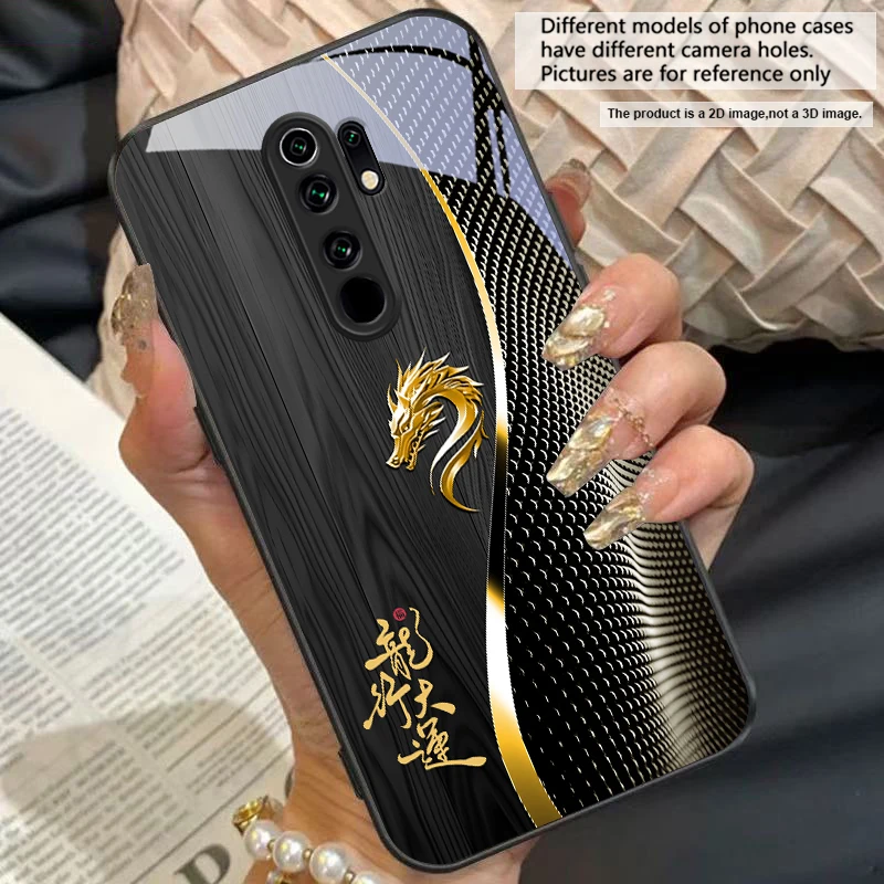 Elegant Black Tempered Glass Phone Case with Traditional Dragon Totem Design