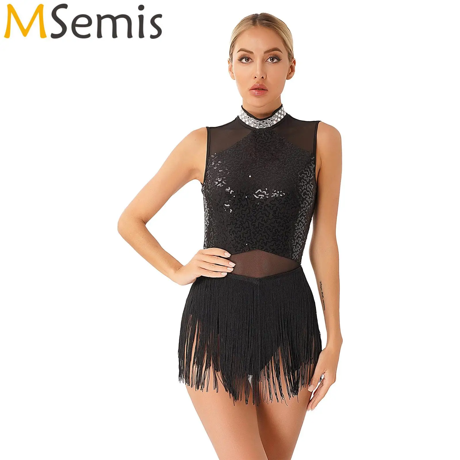 Womens Glittery Rhinestone Figure Skating Dance Costume Latin Tango Rumba Dance Dress Collar Fringed Leotard Sequined Dress