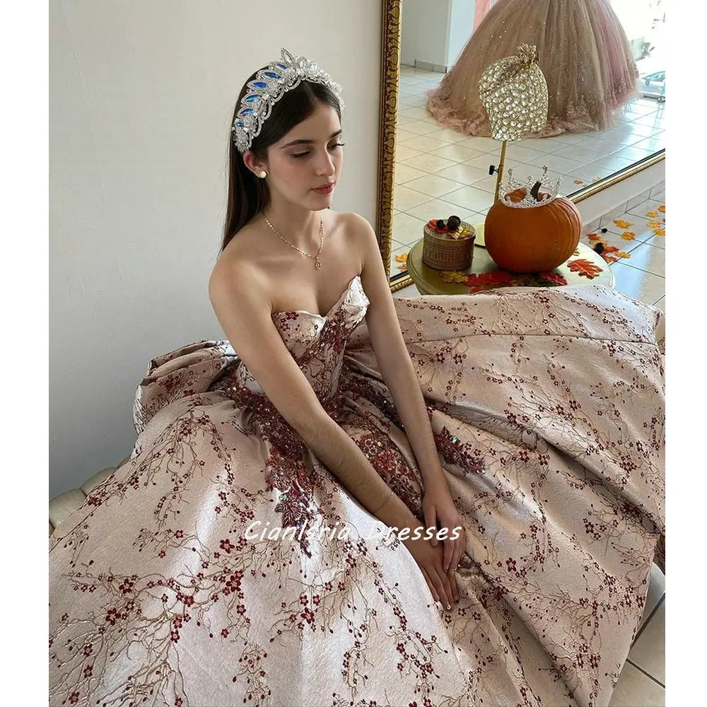 

Elegant Floral Jacquard Satin Quinceanera Dresses Ball Gown Sweetheart Appliques Lace Bow Corset For Sweet 15 Girls Party