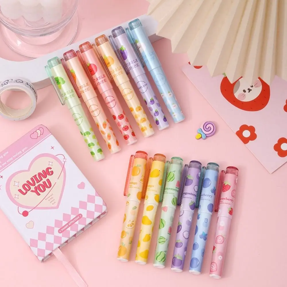 6-Color Highlighter Fruit / Vegetable Oblique Nib Fluorescent Pen Students Stationery Stackable Color Painting Colour Pen