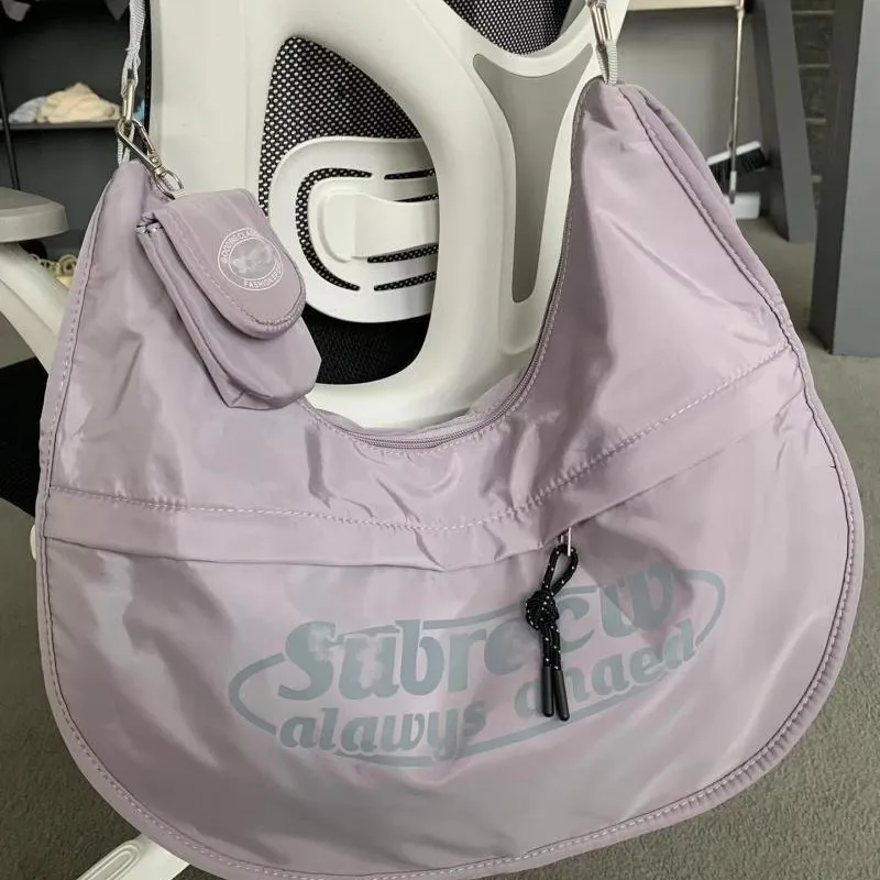 Purple Letter Print Shoulder Bags Women Sporty Vibrant Large Capacity Tote Bag Ladies Trendy Half Moon Versatile Crossbody Bag