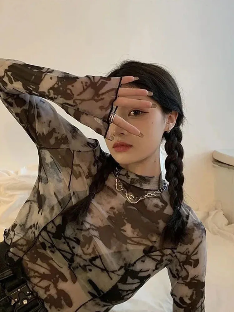 Langarm T-Shirts Frauen Tie-Dye gedruckt Sommer sonnen feste kurze Tops Mode High Street Gaze koreanischen Stil schicke Teenager Retro