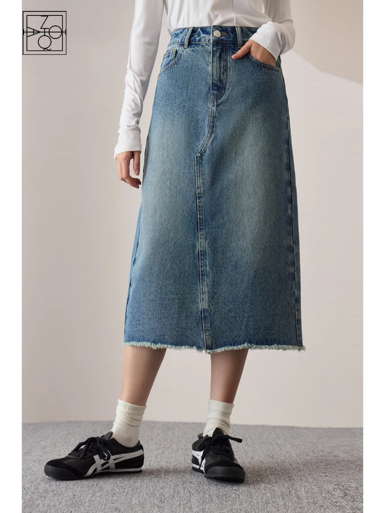 

ZIQIAO Vintage Straight Pure Cotton Denim Skirt for Women Autumn Chic Sense High Waist Slimming Mid-length Skirt for Female