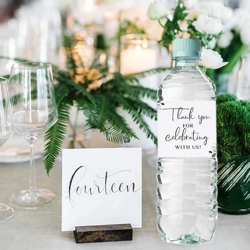 Elegant Eucalyptus Flower Celebration Water Bottle Labels - 30 Pack