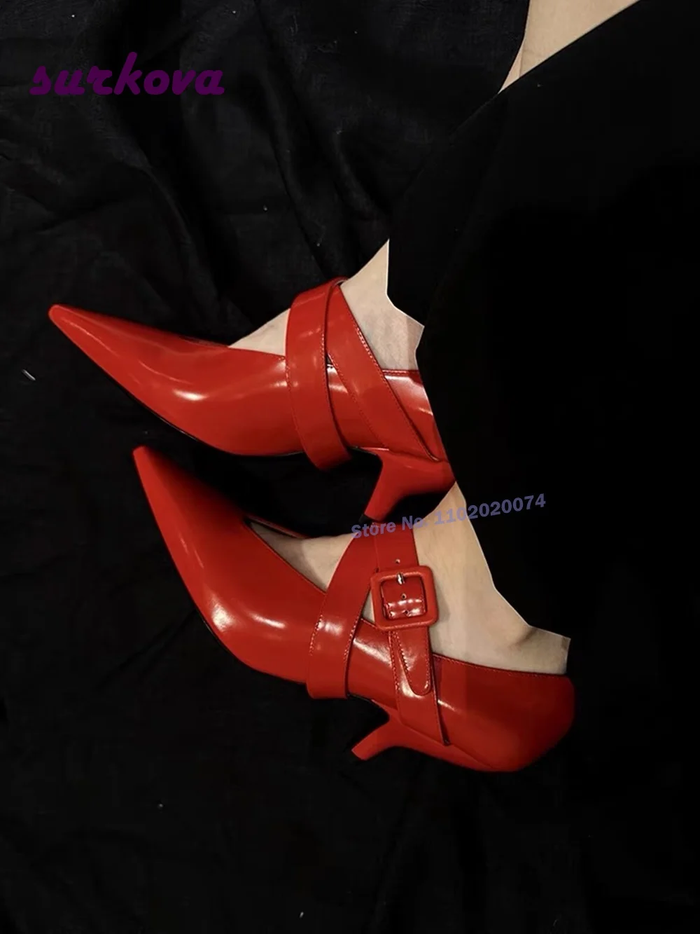 

Туфли-лодочки женские из лакированной кожи, заостренный носок, высокий каблук, V-образный вырез, Туфли Мэри Джейн, Свадебная обувь для вечеринок, красные