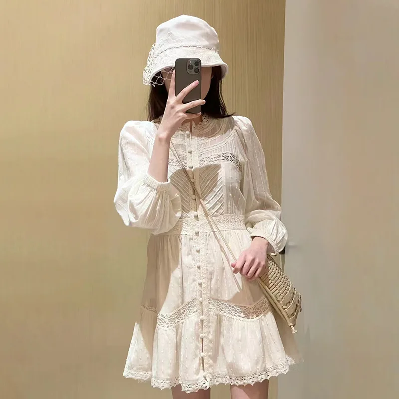 

2024 New Women Mini Dress Hollow Out Lace Spliced Early Spring O-Neck Single Breasted Elegant Robes