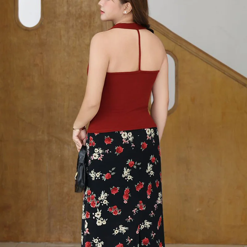 Sexy Solid Color High Stretch Knitted Tops Plus Size Women Perfect Premium Halter Backless Swing Collar Inner Vest