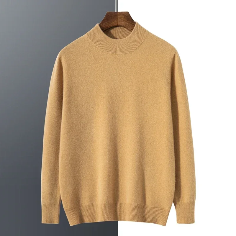 Spring and Autumn New 100% Pure Cashmere Sweater Men's Double Layered Half High Collar Pullover Youth Knitted Seamless Sweater 3