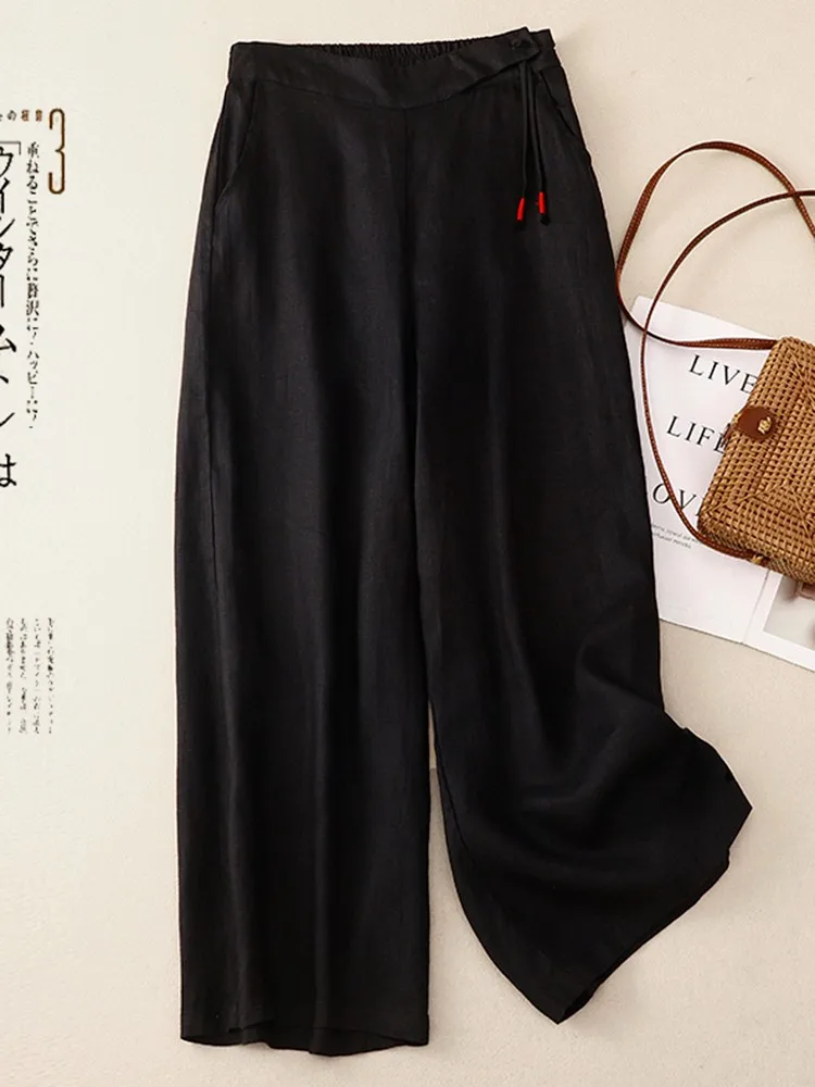 Women Casual Wide Leg Pants New Arrival 2023 Spring Vintage Style Solid Color Loose Cotton Linen Female Ankle-length Pants B2358