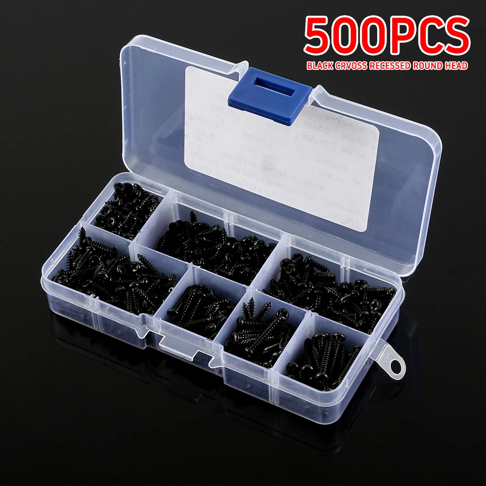 500pcs M3 Screws Black Self Tapping Screws Pan Head Cross Self Drilling Wood Screw Assortment Kit 6/8/10/12/16/18/20mm Carbon