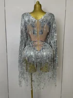 STOCK 2025 Flashing Sequins Tassels Sexy See-Through Sheath Bodysuit Evening Party Nightclub Dancer Stage Perfprmance Costume - Image 3